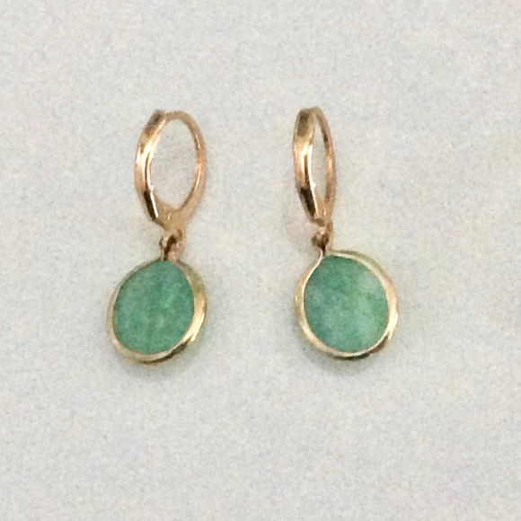 14K Gold-Dipped Semi-Precious Aventurine Stone Oval Drop Earrings - Picture 2 of 3